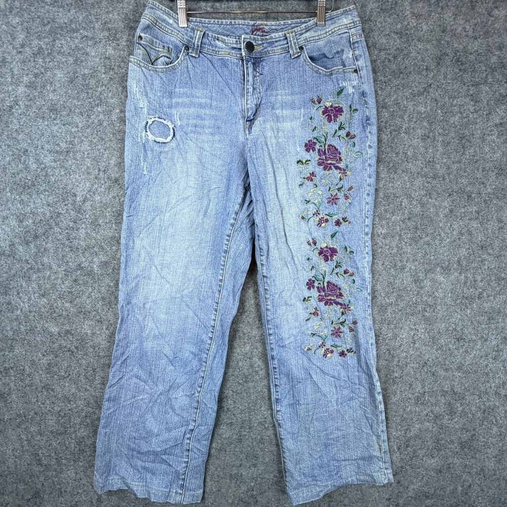 Vintage Y2K Venezia Jeans Womens 16 Blue Embroidered Purple Patched Distressed